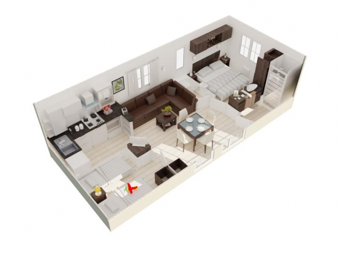 Plan en 3 dimensions du mobil home Louisiane Sumba Premium 2 chambres 2012